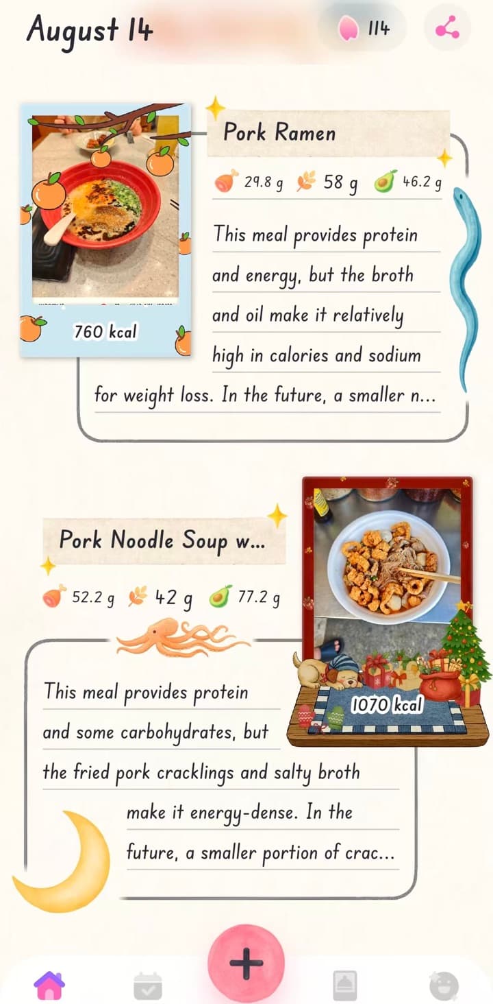 A Shelog daily journal with decorated meal photos and nutrition context